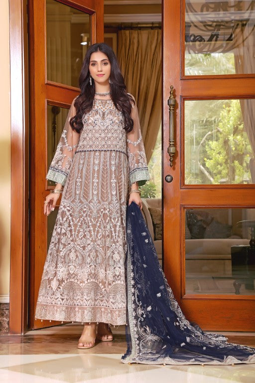 Bold brown net frock grey embroidery contrast navy blue Dupatta.