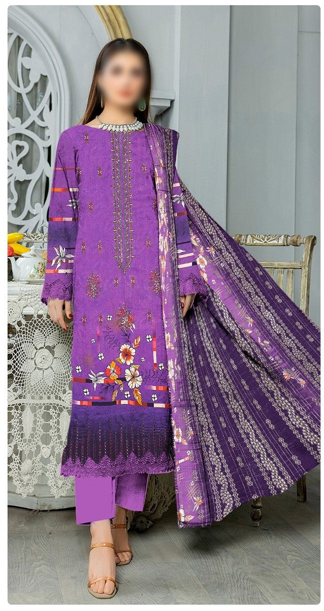 Gul-E-Arzoo 3pcs Lawn unstitched suits (Purple)