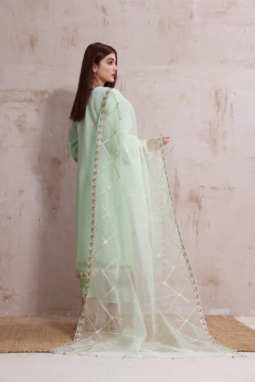 Green Stitched 3 Piece Organza Suit