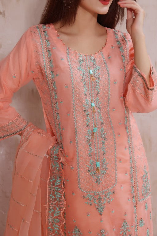 Peach Embroidered Ready Made Organza Suit.