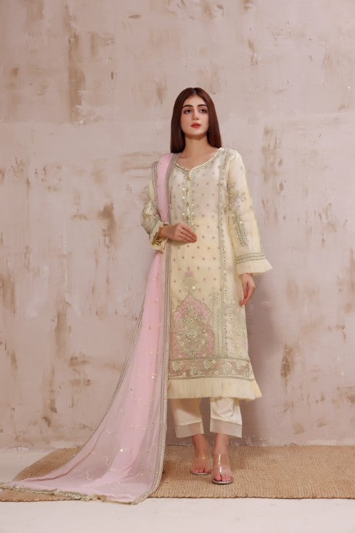 Off-White with Pink 3 Piece Stitched Organza Suit, Contrast Peach Dupatta.