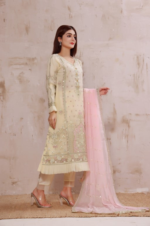 Off-White with Pink 3 Piece Stitched Organza Suit, Contrast Peach Dupatta.