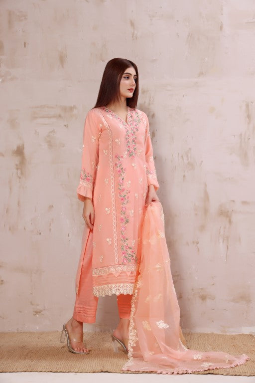 Peach multi color embroidered stitched orgenza suit