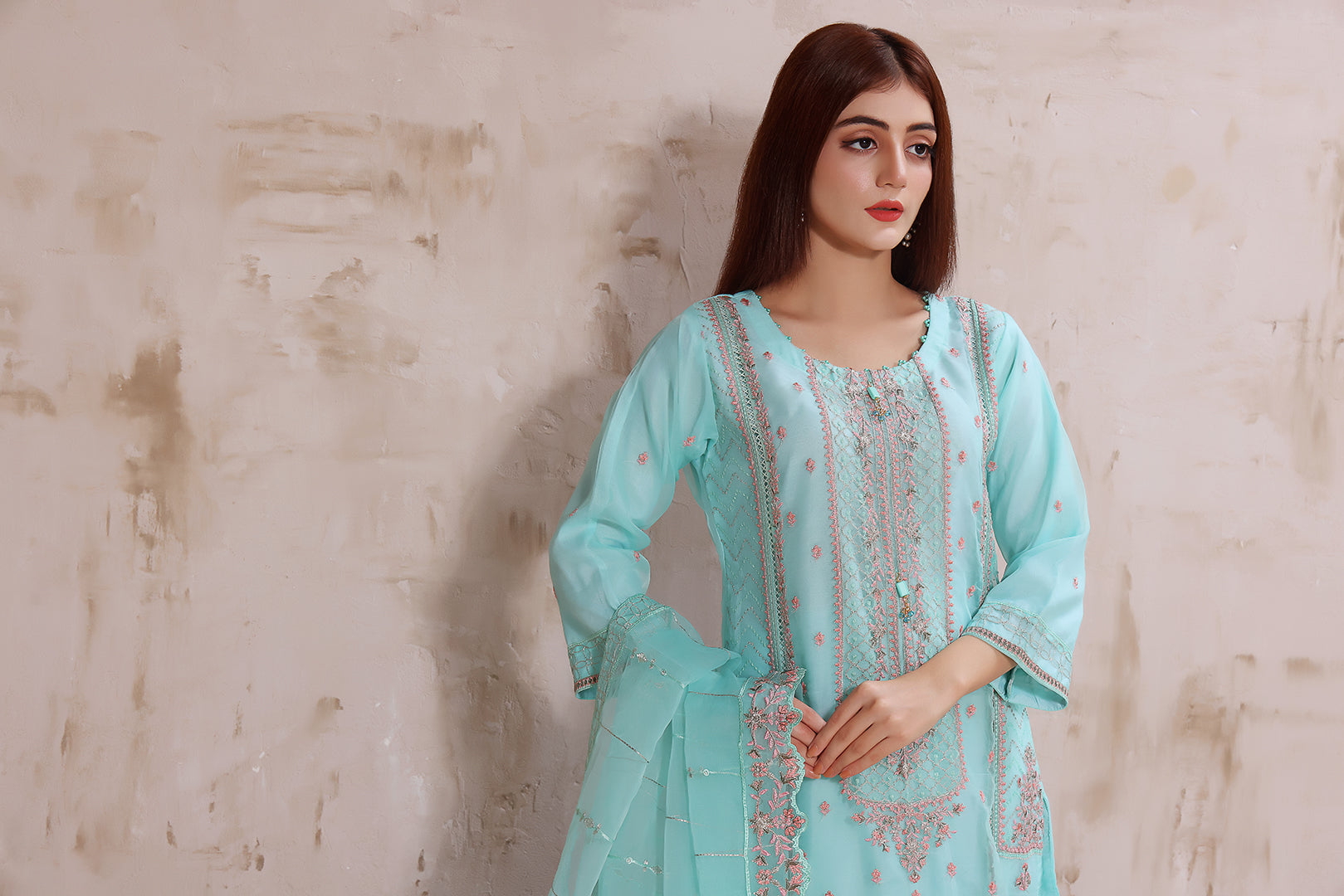 Sky Blue 3 piece Organza ready made Stitched Embroidered suit with heavy dupatta.